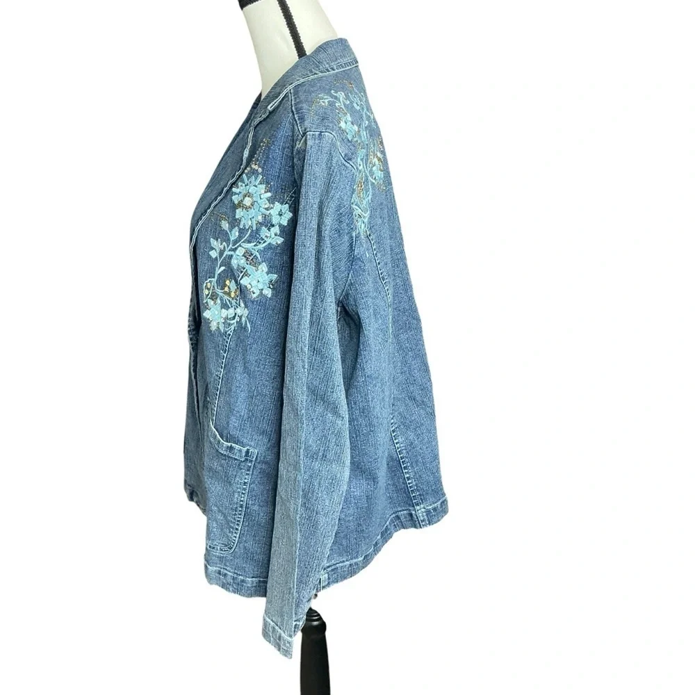 Denim 24/7 Blue Jean Jacket Blazer Long Sleeve with Embroidered Floral Design - Picture 2 of 16
